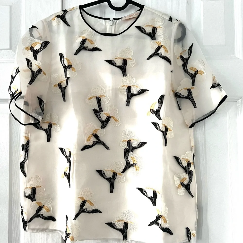 Tory Burch Sage Floral Applique Silk Blend Blouse 6